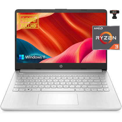 HP Laptop, 14 inch FHD Display, AMD Ryzen 3 Processor, 32GB DDR4 RAM, 1TB PCle SSD, AMD Radeon Graphics, Wi-Fi 5, Bluetooth, Webcam, Windows 11 Home in S Mode, Silver, Bundle Cefesfy USB Webcam