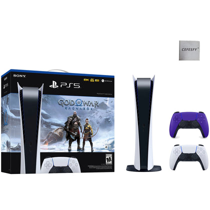 PlayStation_PS5 Video Game Console (Digital Edition) – God of War Ragnarök Bundle –with Extra Galactic Purple Dualsense Controller, Cefesfy