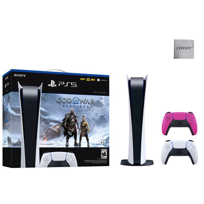 PlayStation_PS5 Video Game Console (Digital Edition) – God of War Ragnarök Bundle –with Extra Nova Pink Dualsense Controller, Cefesfy
