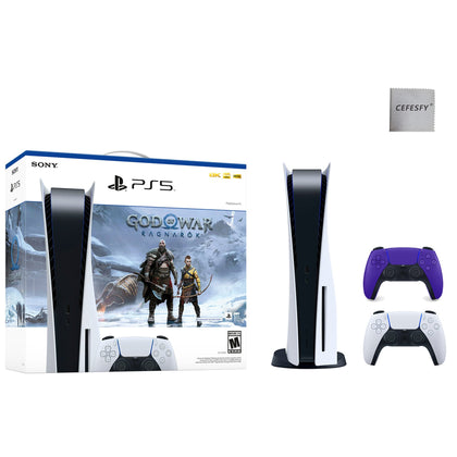 PlayStation_PS5 Video Game Console (Disc Edition) – God of War Ragnarök Bundle –with Extra Galactic Purple Dualsense Controller, Cefesfy